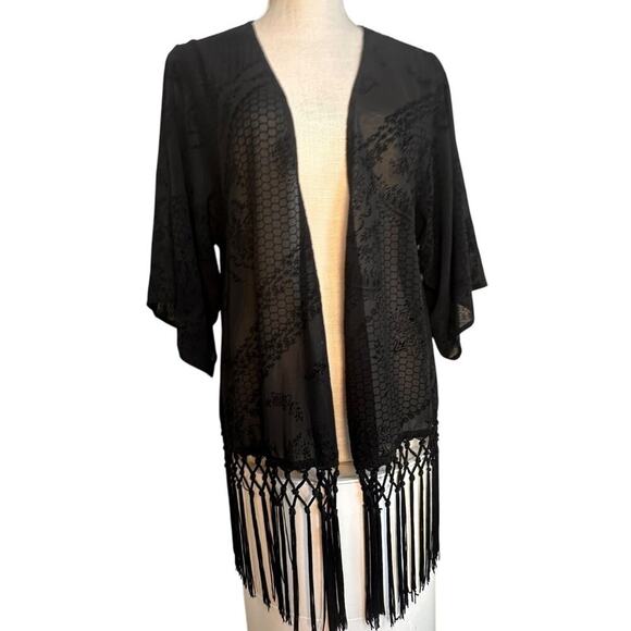 Festival Whimsigoth Cowboy Black Kimono Sheer Duster Cardigan Fringe Floral Mesh - Picture 5 of 16